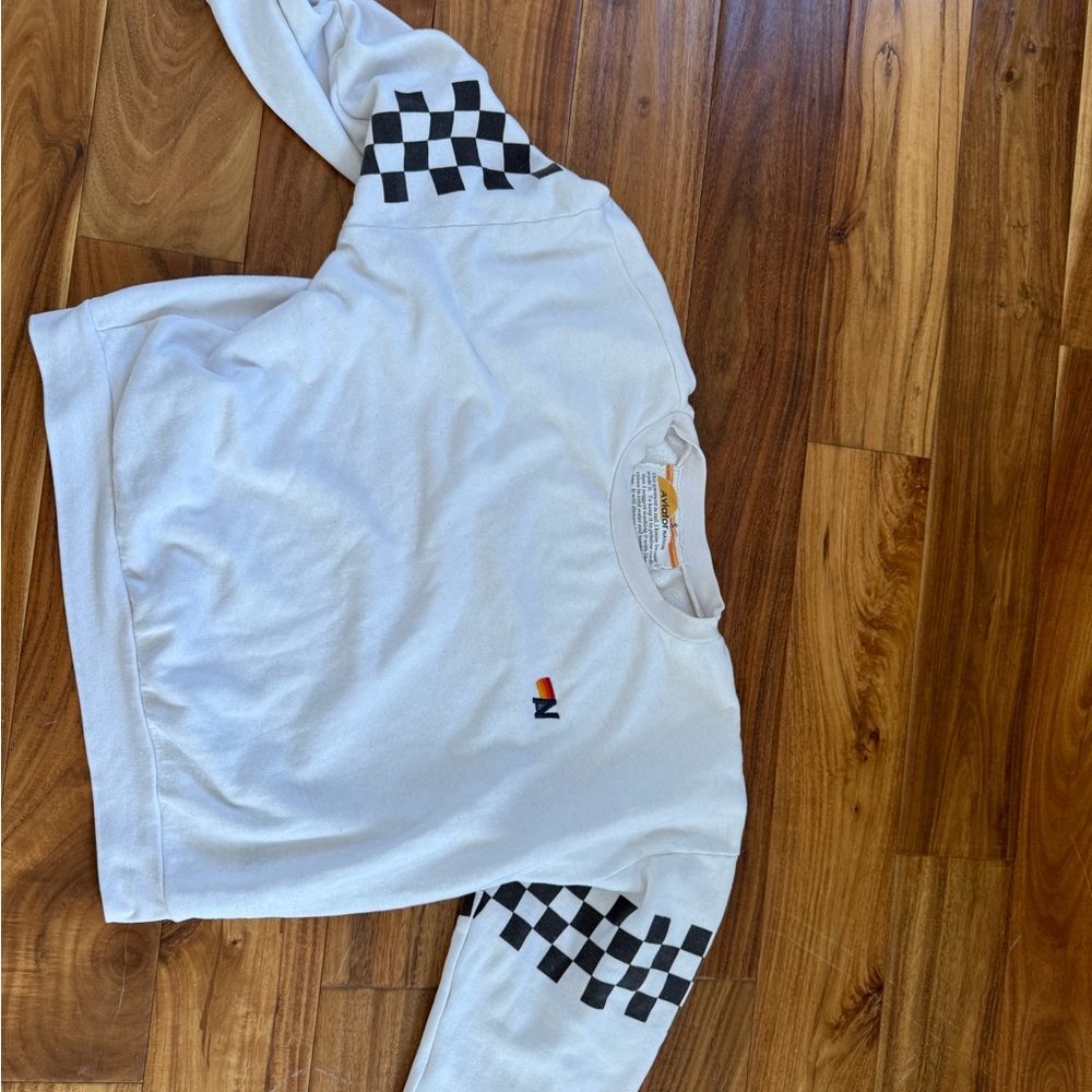 Aviator Nation White Sweatshirt with Black Checkered Sleeves